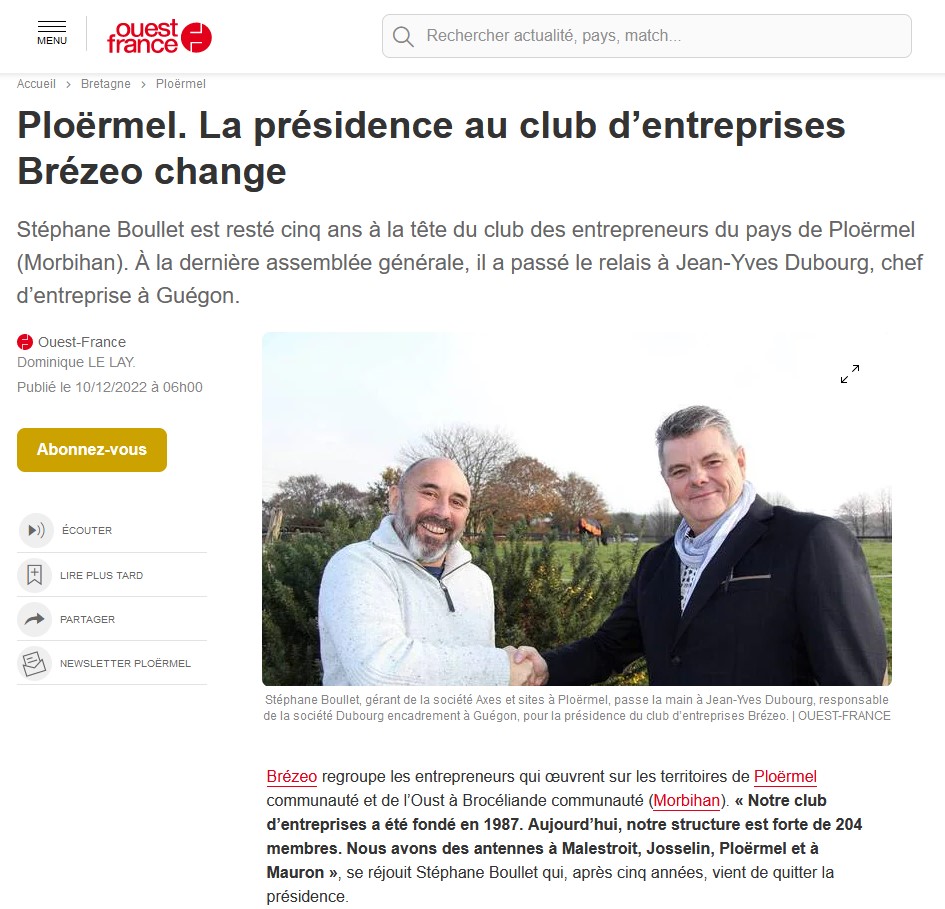 La présidence au club d’entreprises Brézeo change (Ouest France)